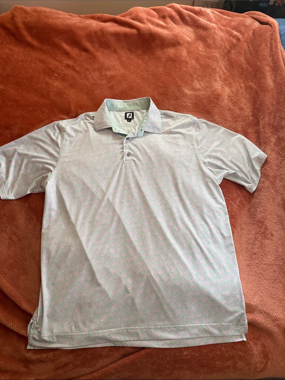 FootJoy Men’s golf polo.  Light green/purple pattern.
